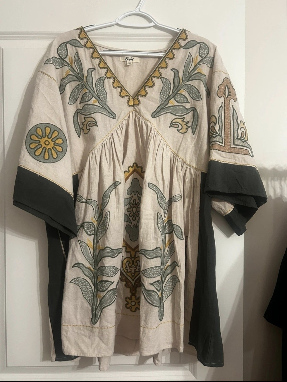 Boho Embroidered V-Neck Tunic in Cream with Green & Mustard Accents